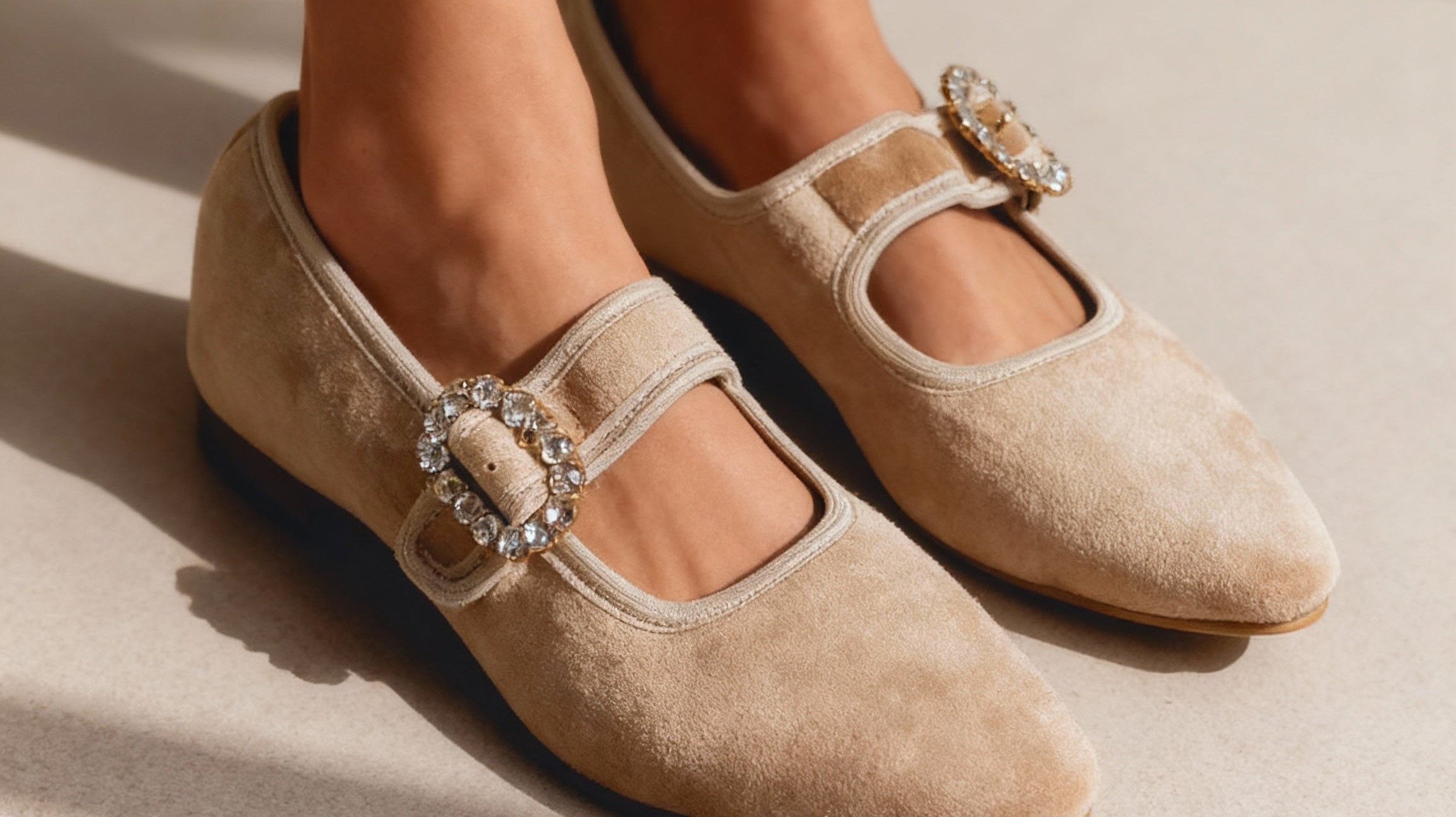 Velvet Mary Jane flats in beige velvet with crystal buckle on model, handcrafted by Emilia Merz
