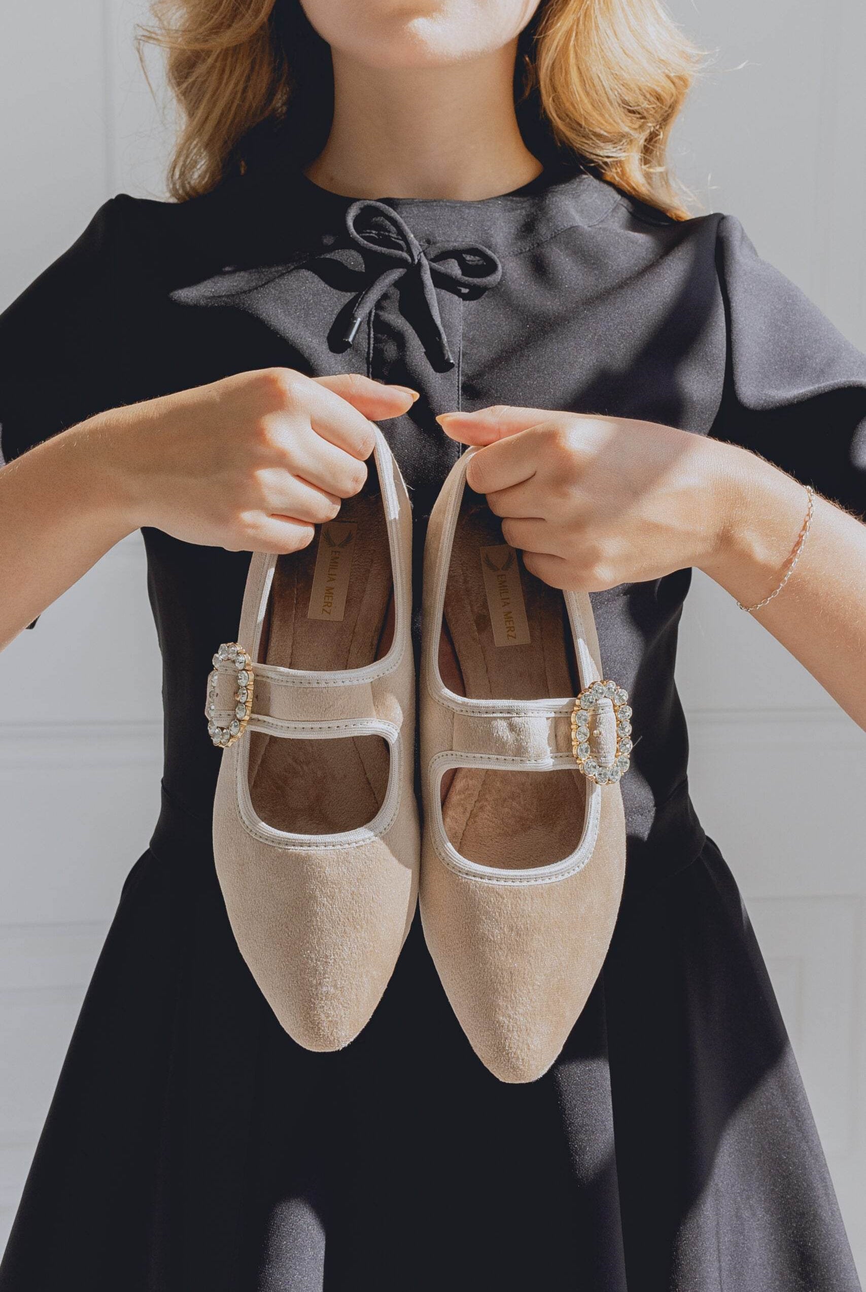 Mary Jane Ballet Flats - Beige Velvet - Emilia Merz