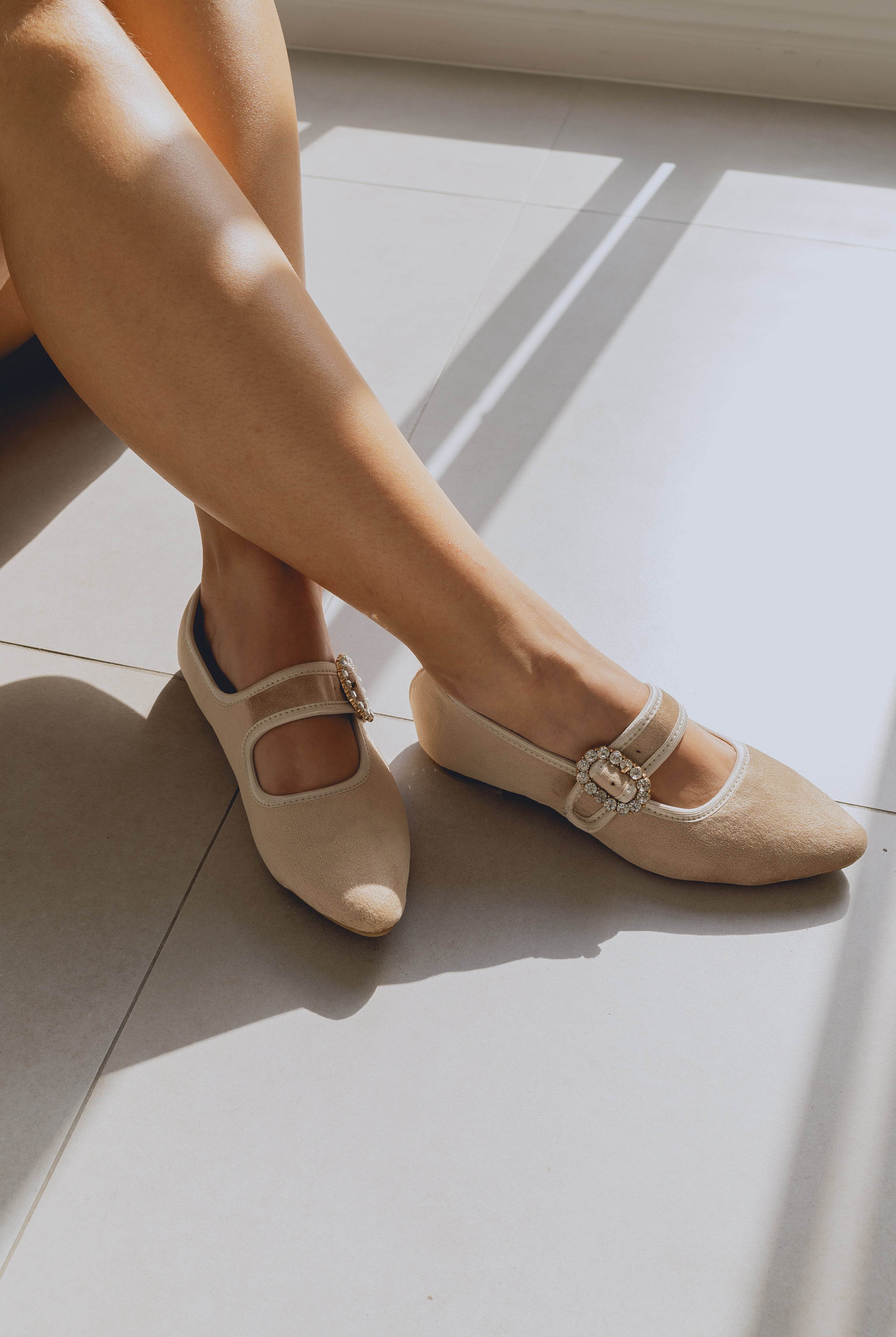 Mary Jane Ballet Flats - Beige Velvet - Emilia Merz