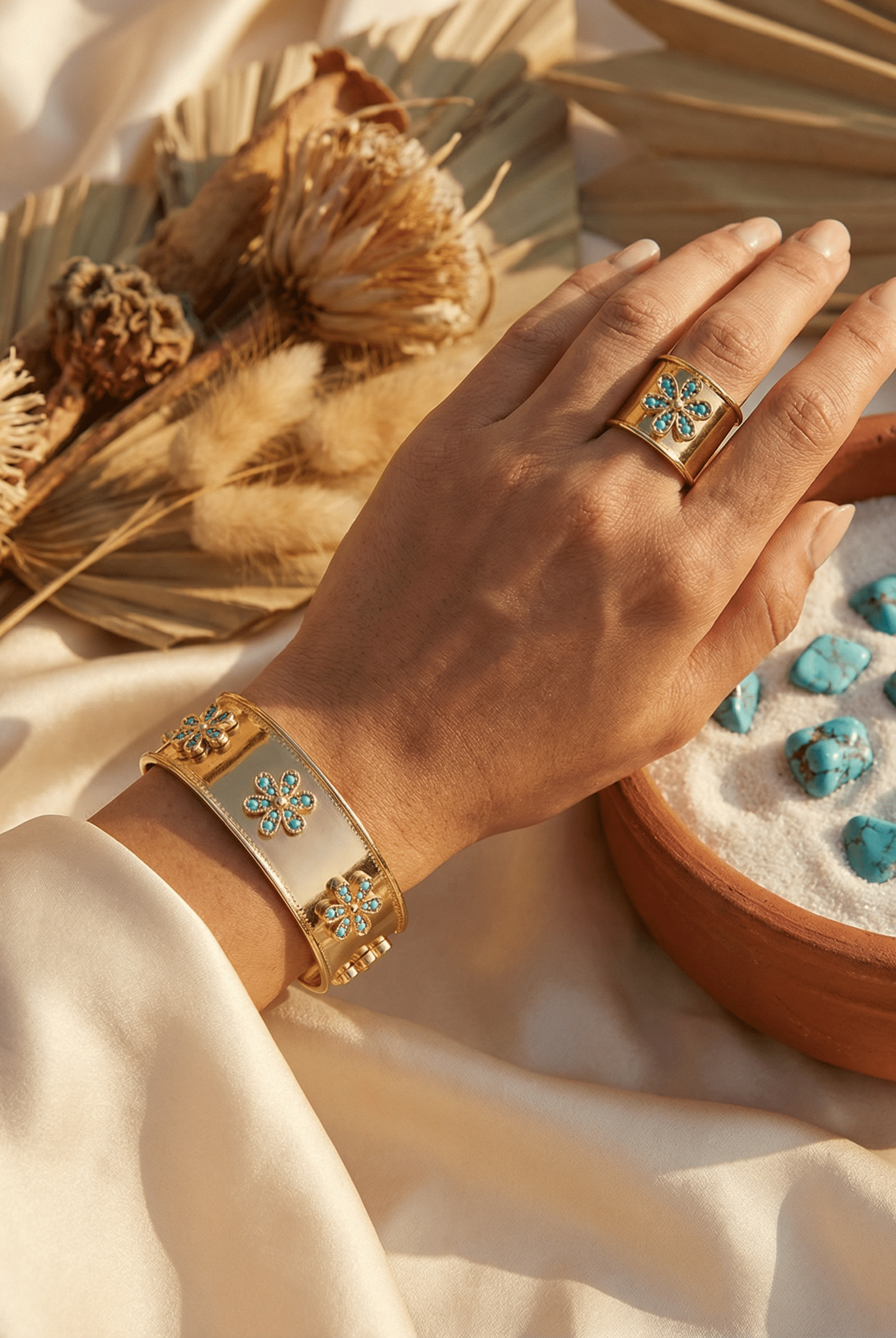 Close-up of the Emerald Bloom Ring and matching cuff bracelet, highlighting the 18K gold plating and emerald stones.
