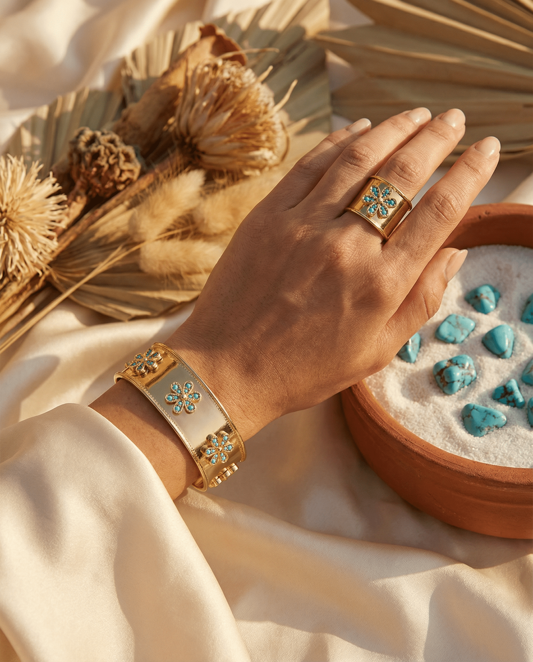 Close-up of the Emerald Bloom Ring and matching cuff bracelet, highlighting the 18K gold plating and emerald stones.