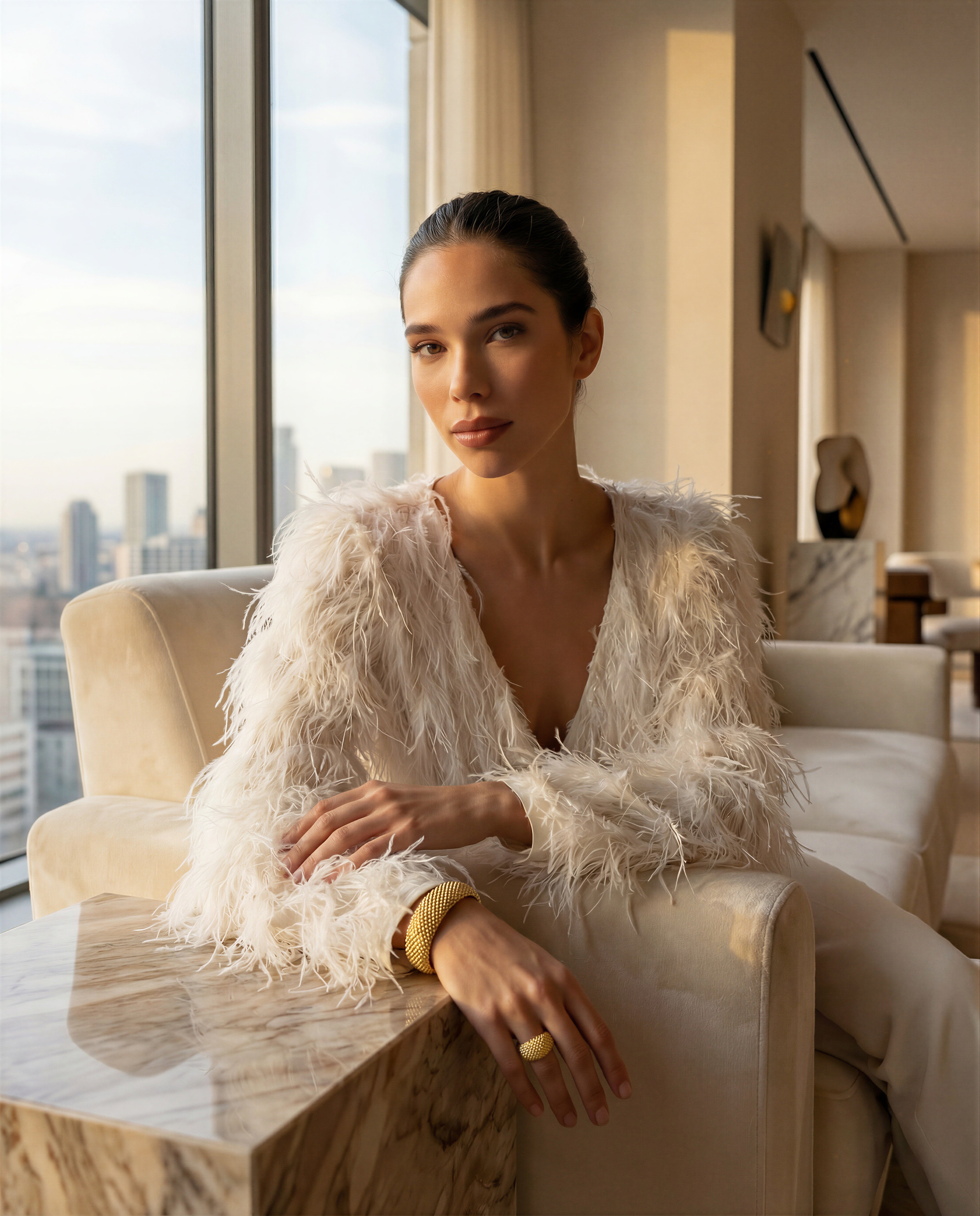 Golden Mesh Ring and Cuff on model with beige background