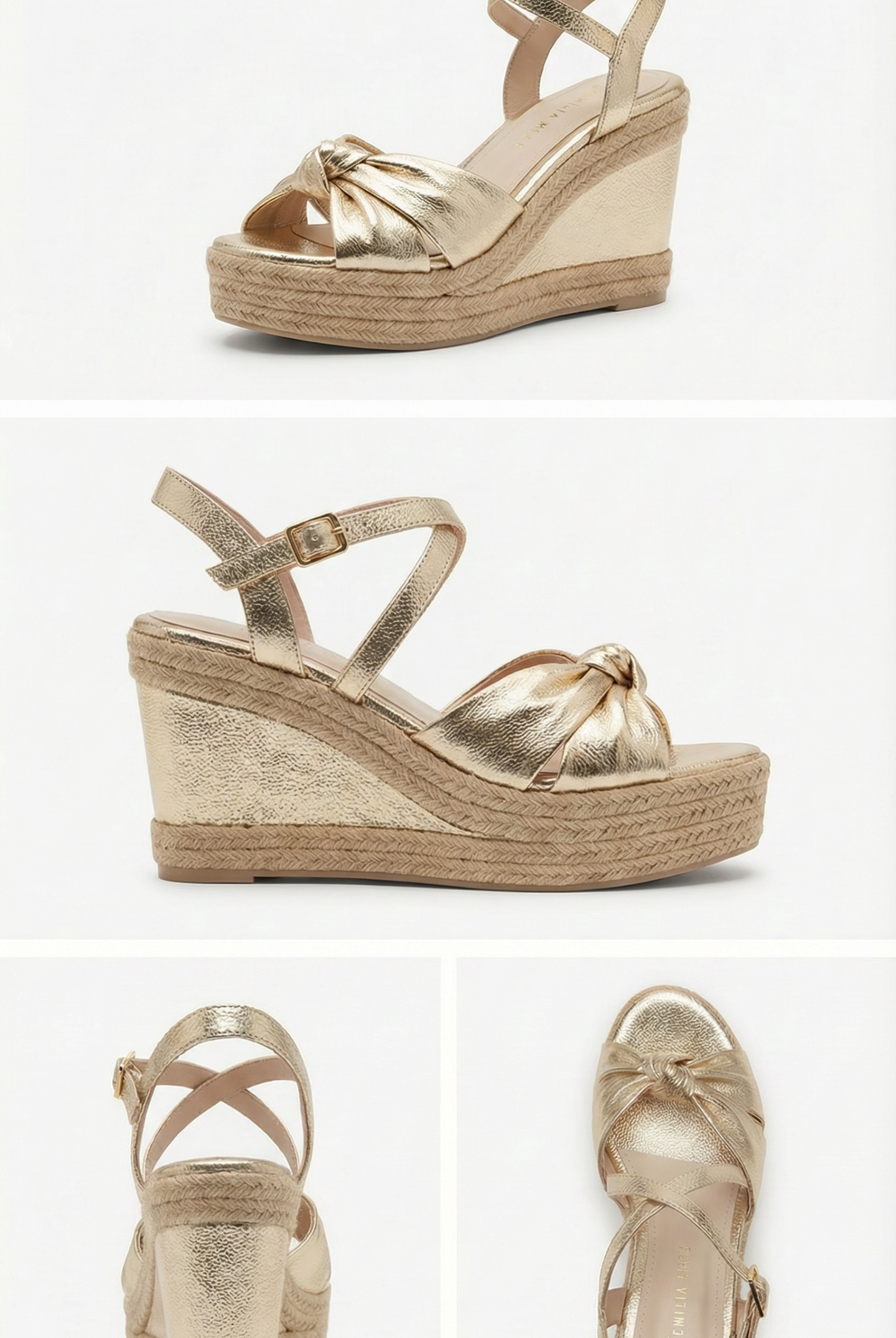 Gold wedge sandals with espadrille sole on a white background