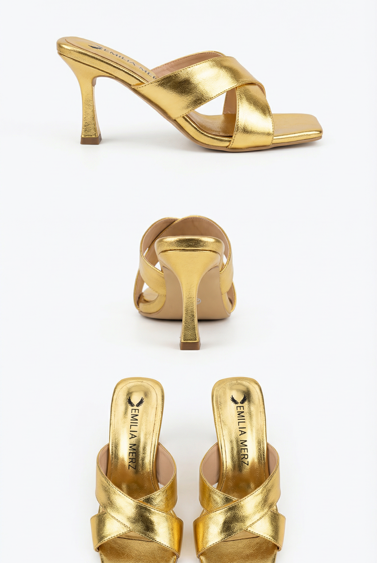 Set of gold high-heeled shoes on a white background