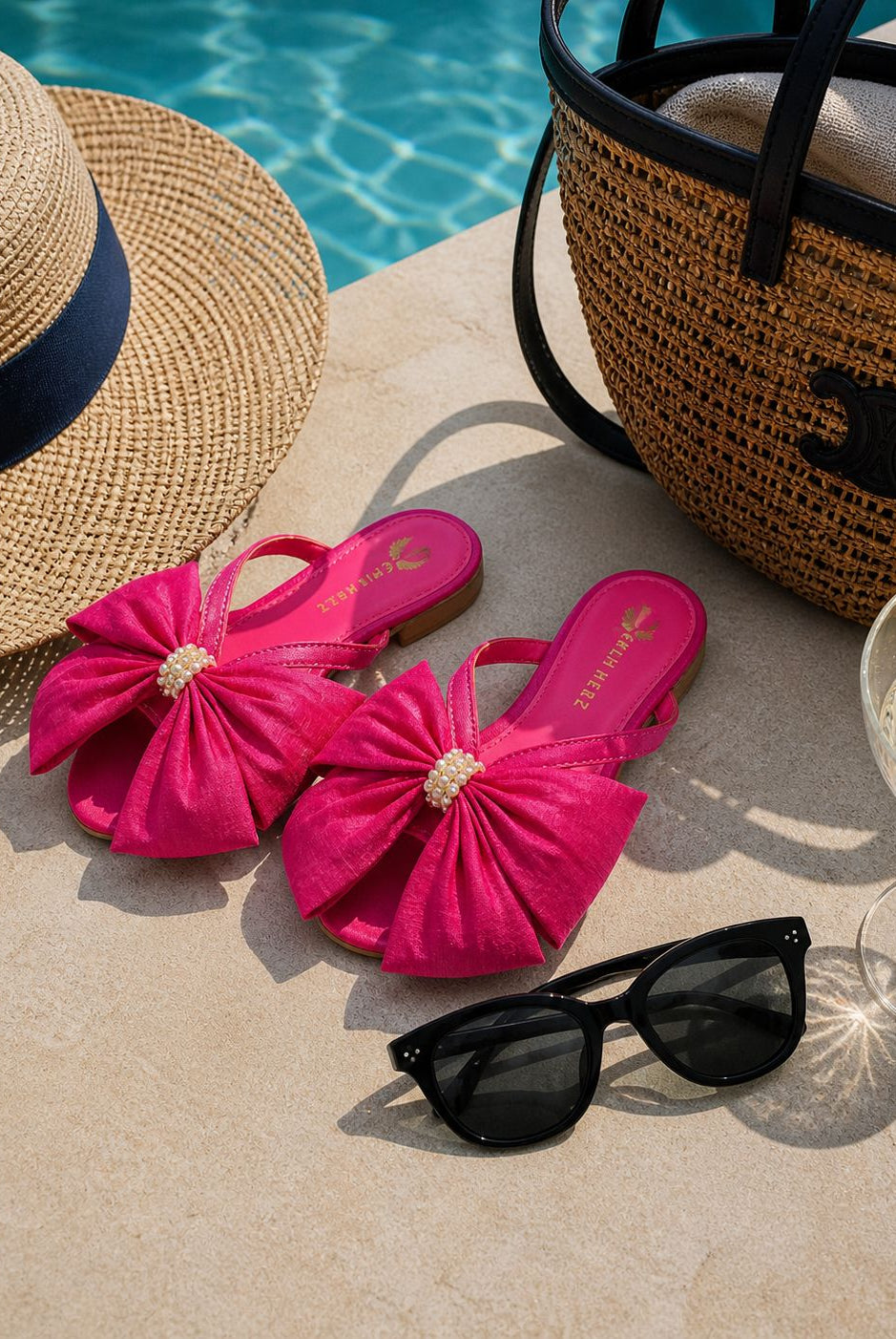Pink Flats at pool with hat, bag and sunglasses