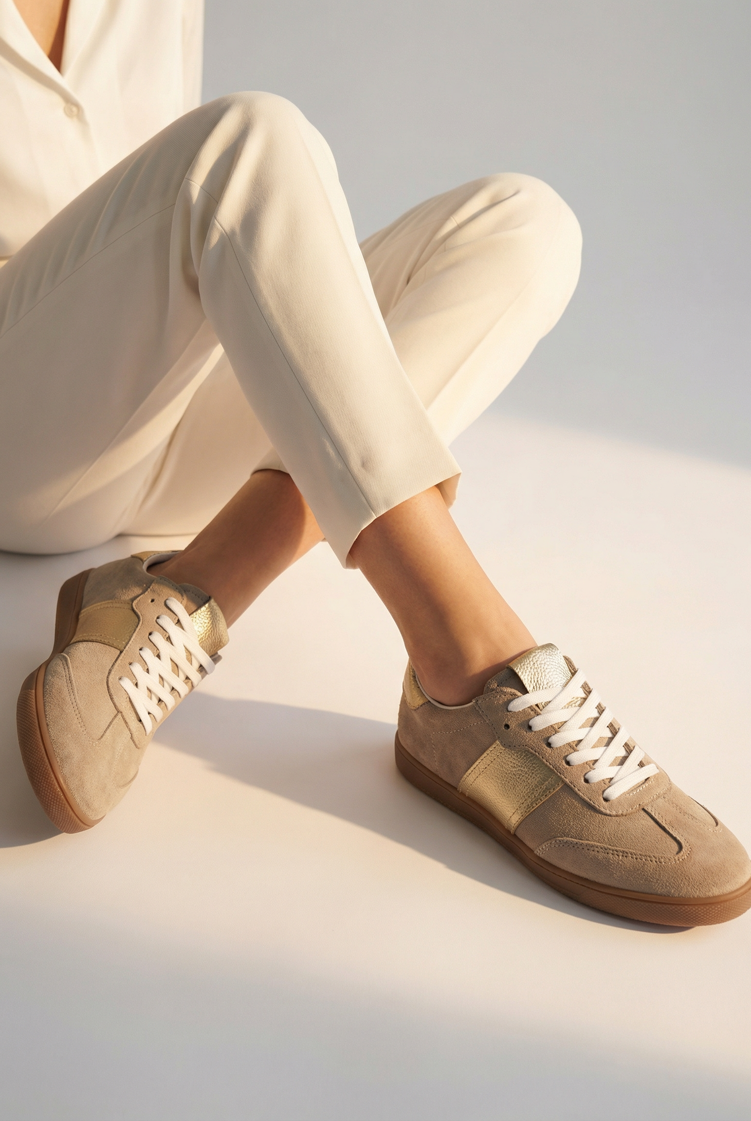 Person wearing beige sneakers with white laces on a light background