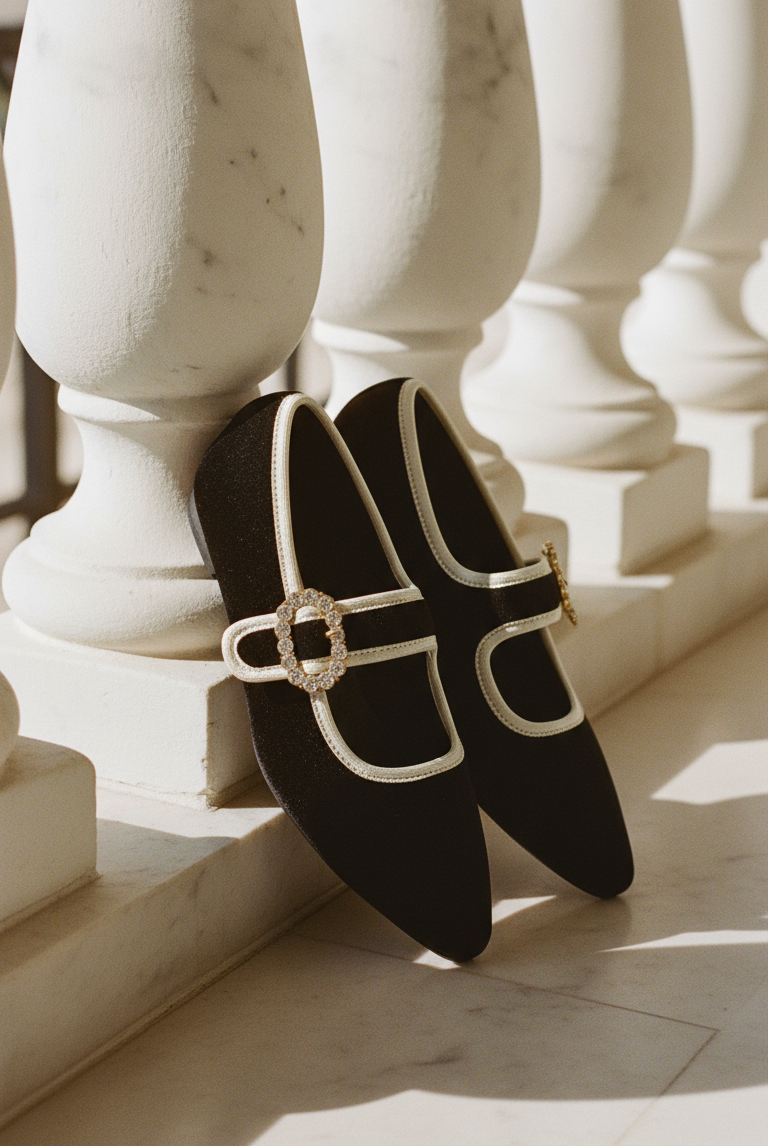Black ballet flats with gold buckles on a marble staircase