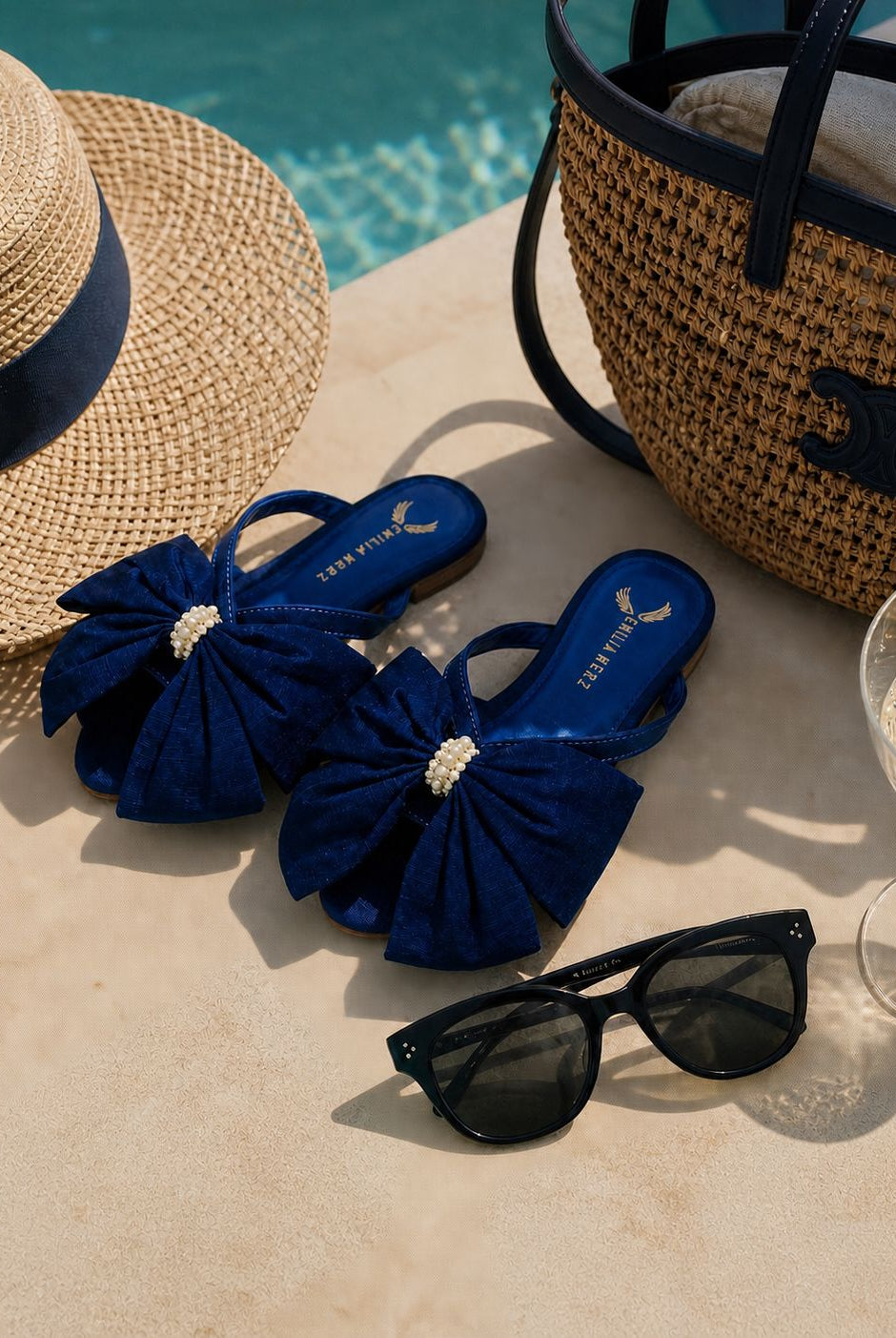 blue satin flats with bow at pool with hat and bag