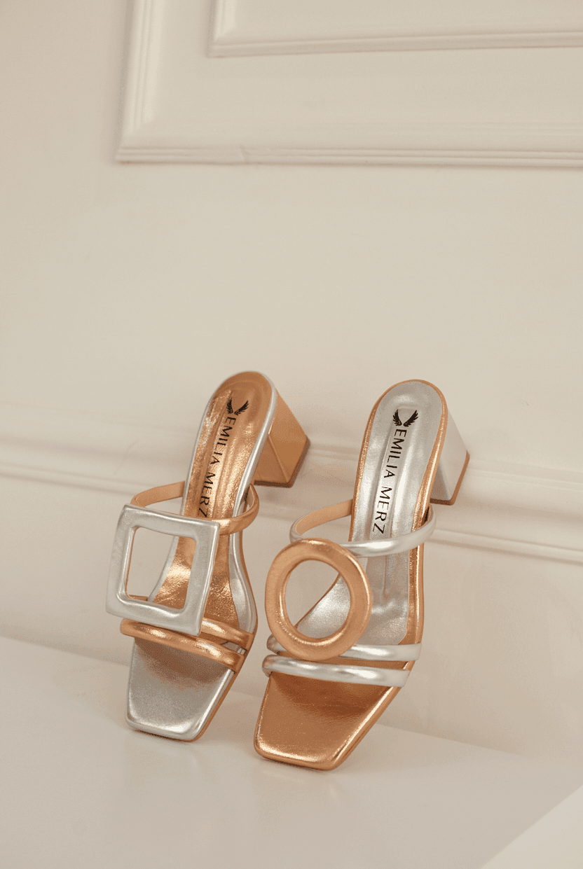 Rose gold and silver metallic retro glam slide sandals with geometric block heels