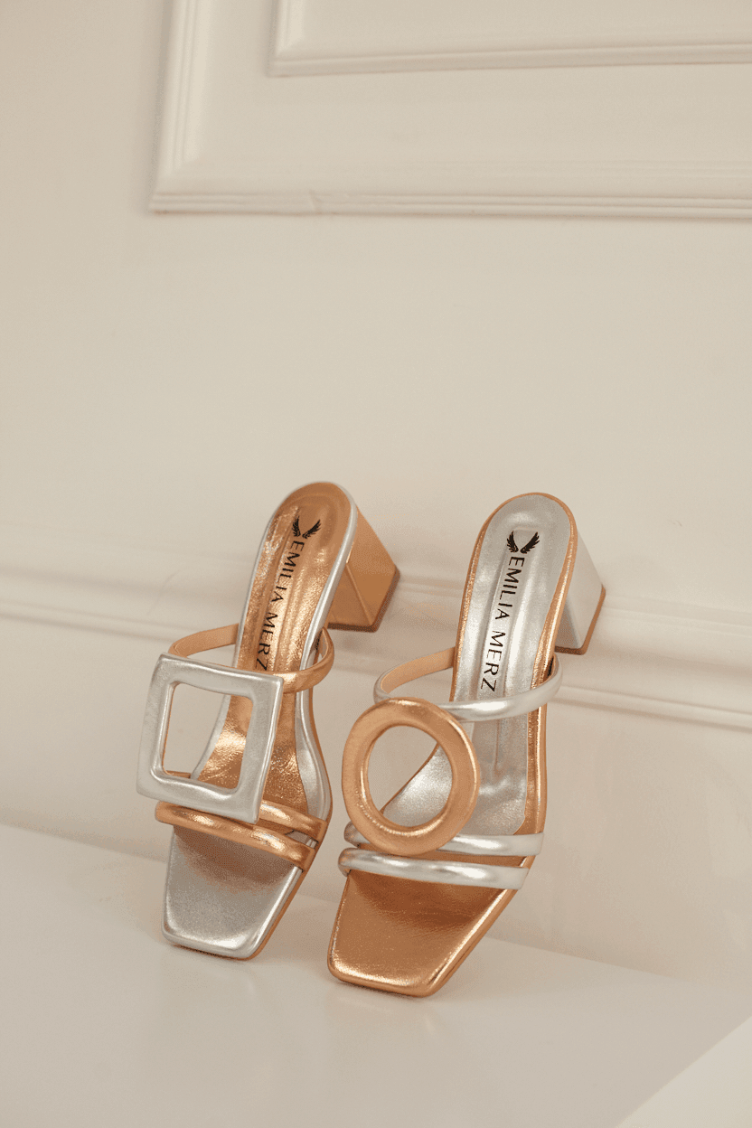 Rose gold and silver metallic retro glam slide sandals with geometric block heels
