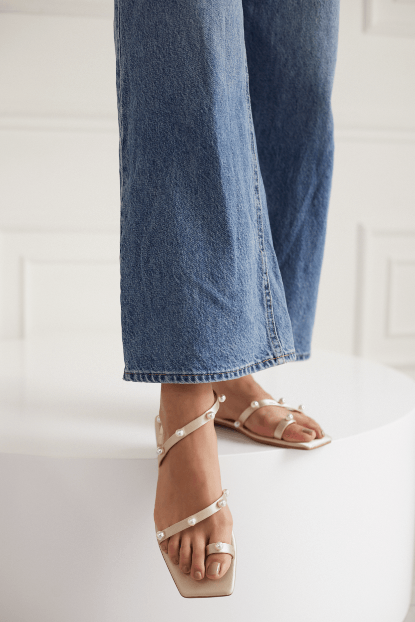 Close-up of legs wearing blue jeans and golden pearl sandals on a white background