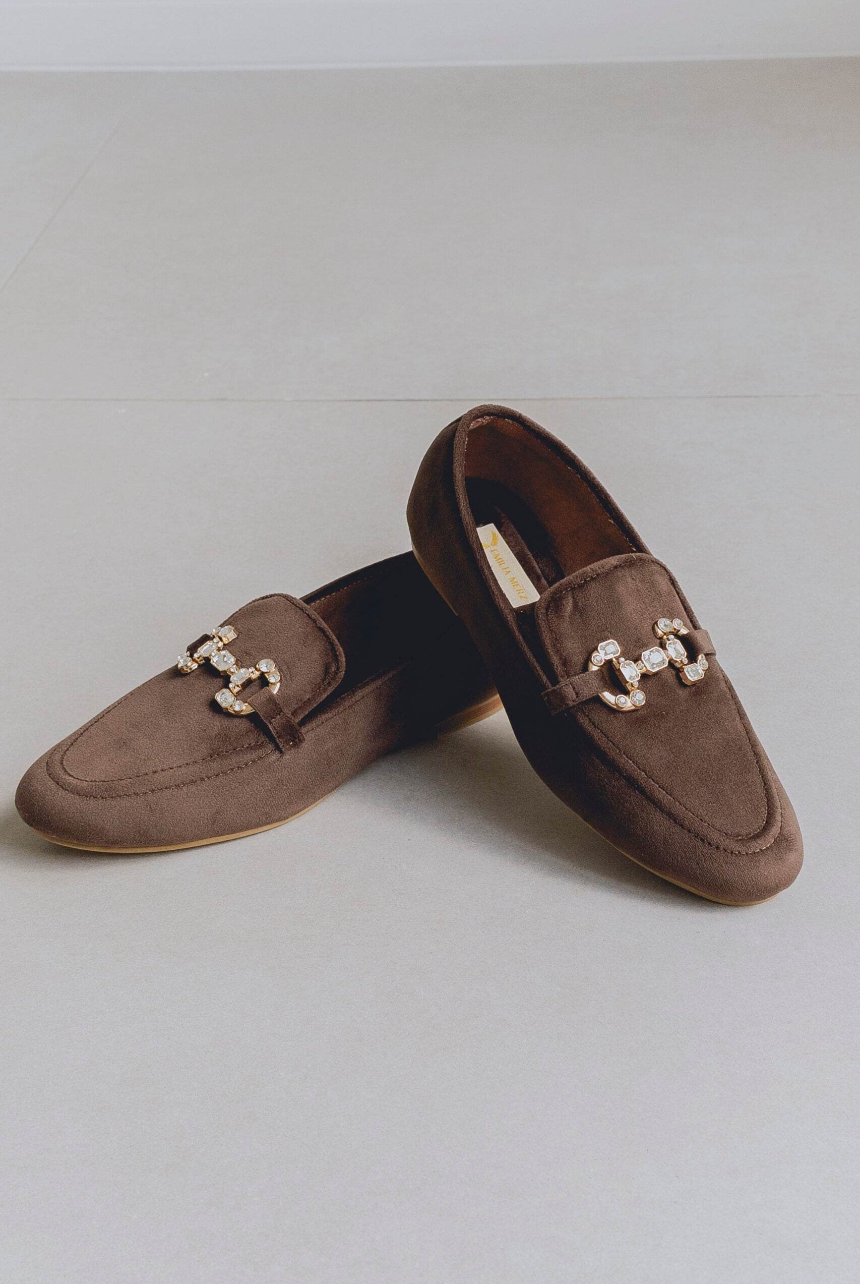 Pair of brown loafers with decorative buckles on a light gray background