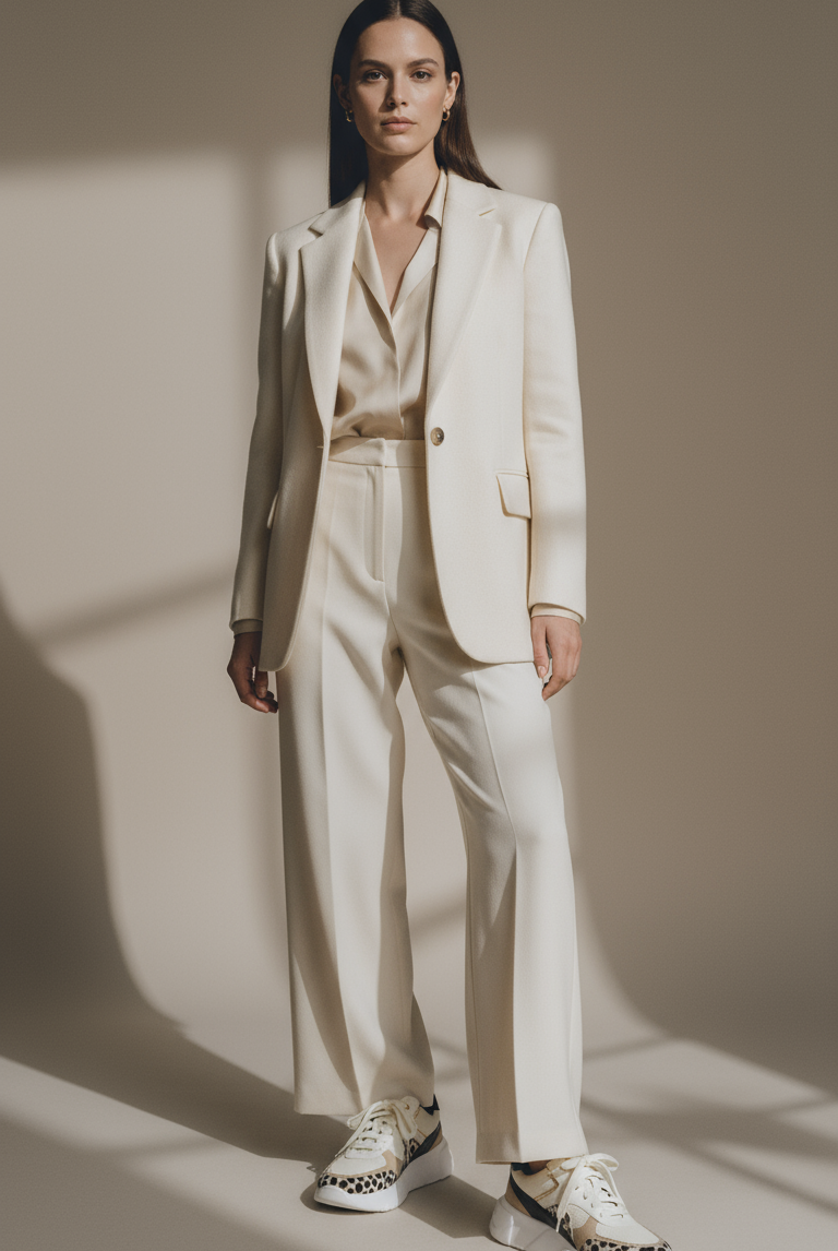 Woman wearing a cream suit with patterned shoes against a neutral background