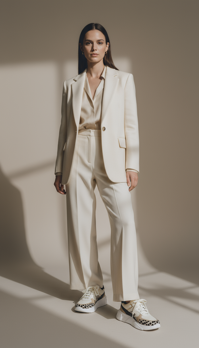 Woman wearing a cream suit with patterned shoes against a neutral background