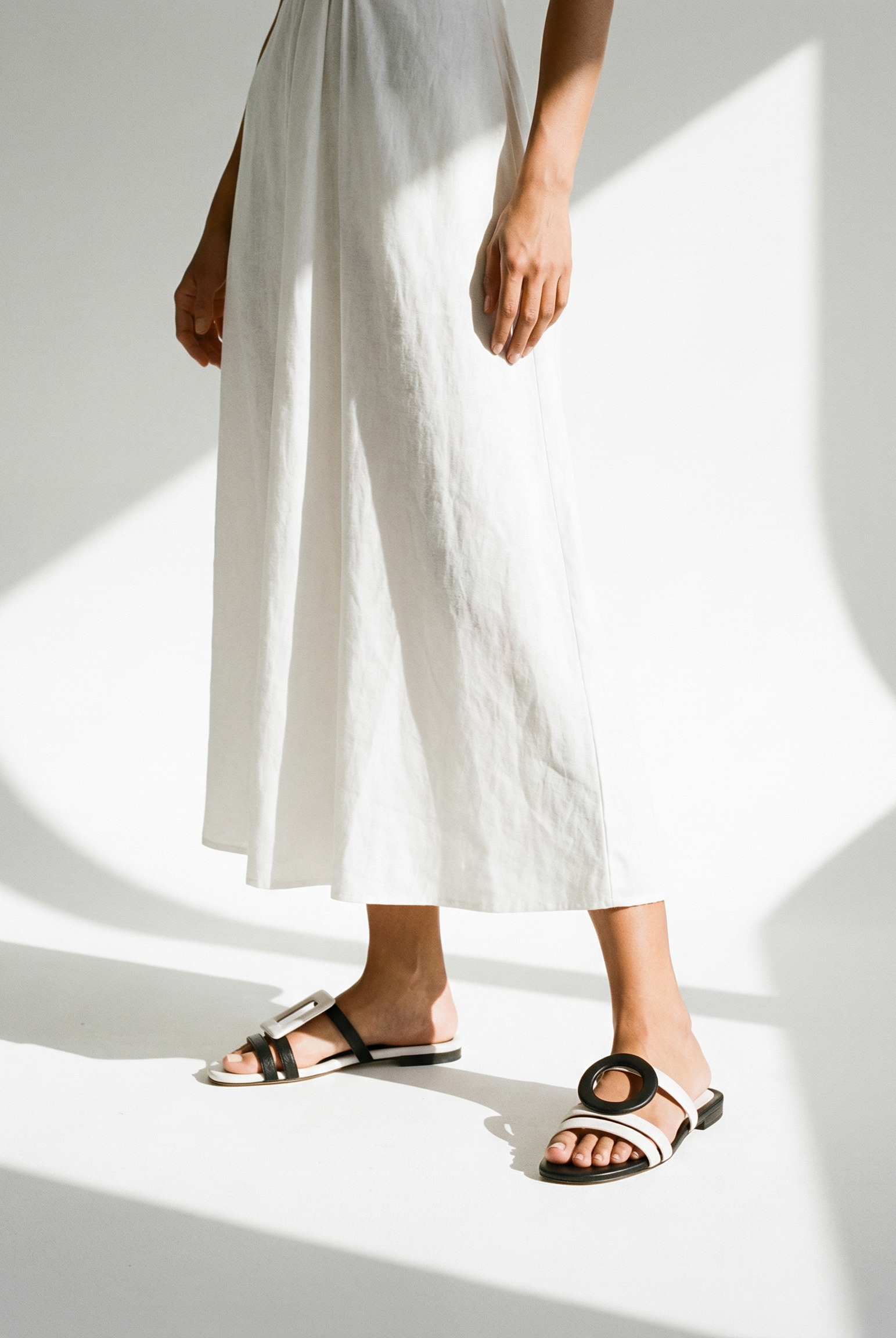 Person wearing white pants and two-tone sandals on a white background