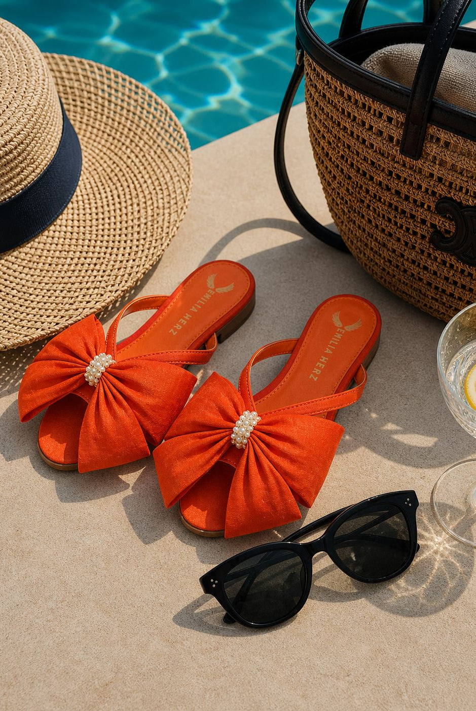 organce satin flats with bow at pool