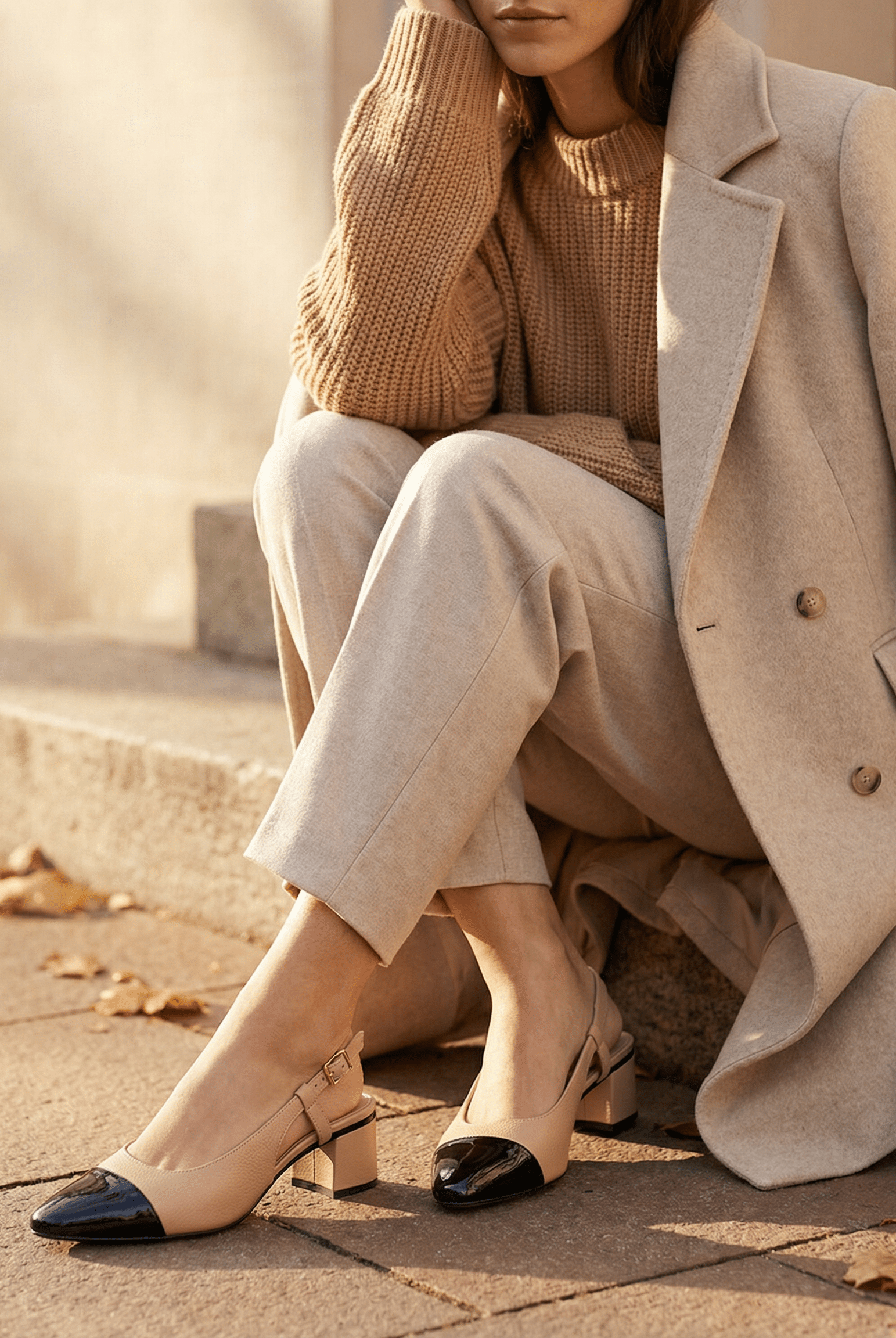 Person wearing a beige coat and pants, sitting on a stone step with a neutral background.