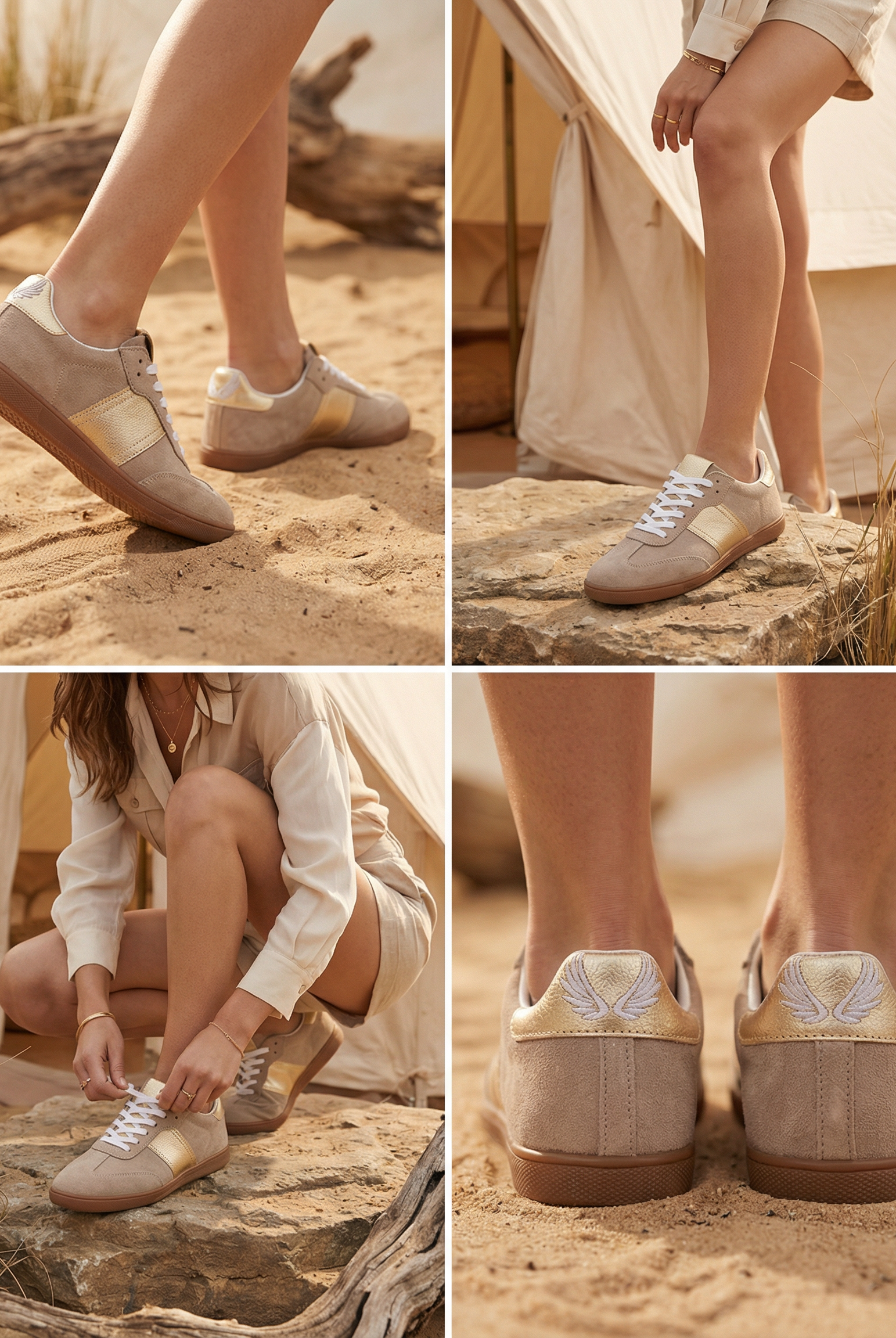 Collage of a person wearing beige sneakers with a brand logo, standing on sand and rocks.