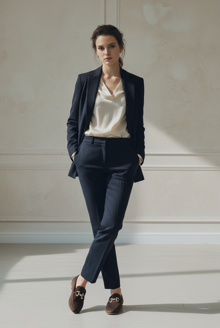 Woman in a navy suit with a white shirt standing against a neutral wall.