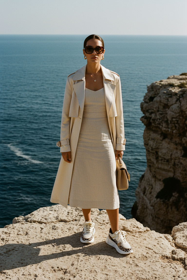 Woman in a beige coat and skirt standing on a rocky cliff overlooking the ocean.