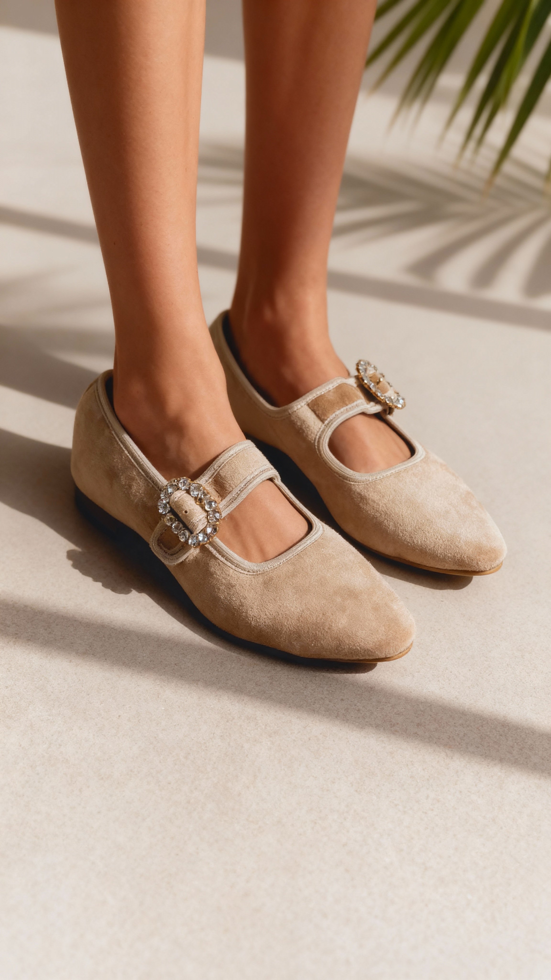 Velvet Mary Jane flats in beige velvet with crystal buckle on model, handcrafted by Emilia Merz 