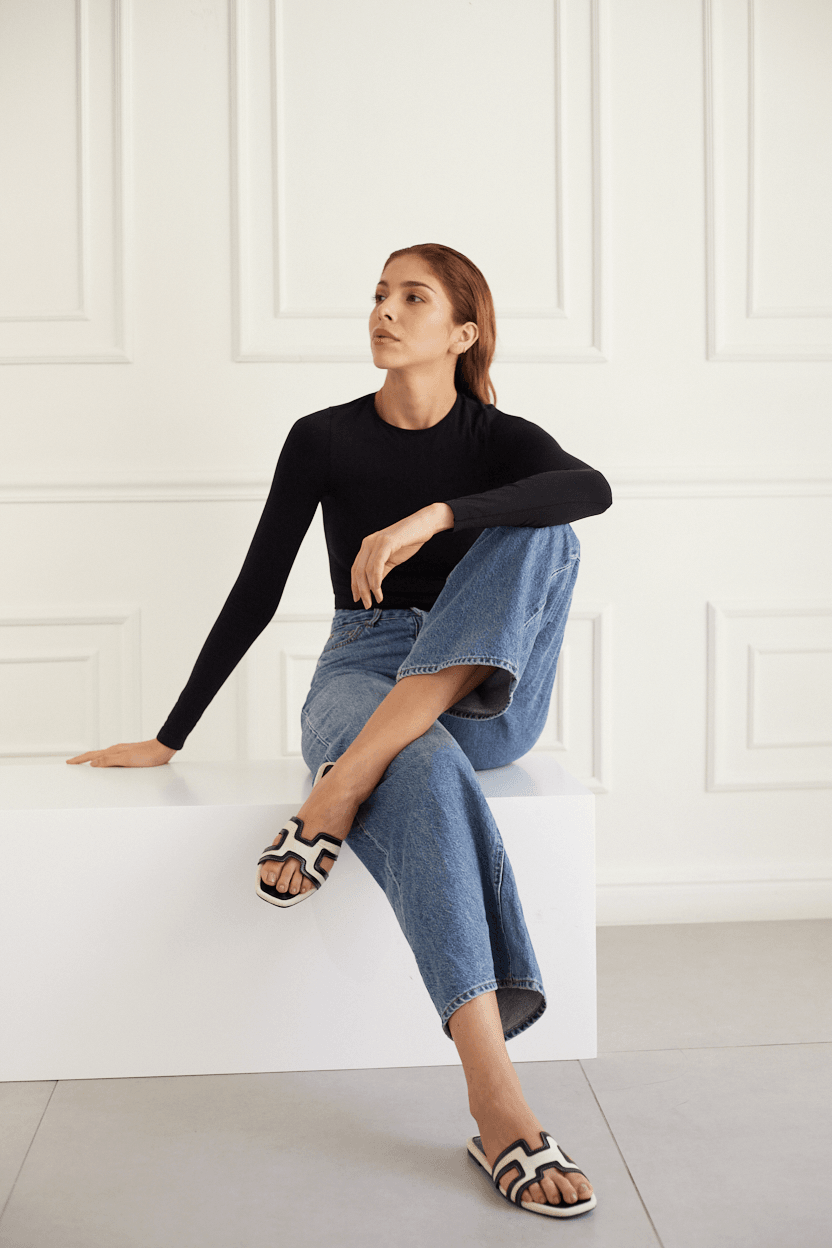 Mallorca H Flats - Black-Beige - Emilia Merz