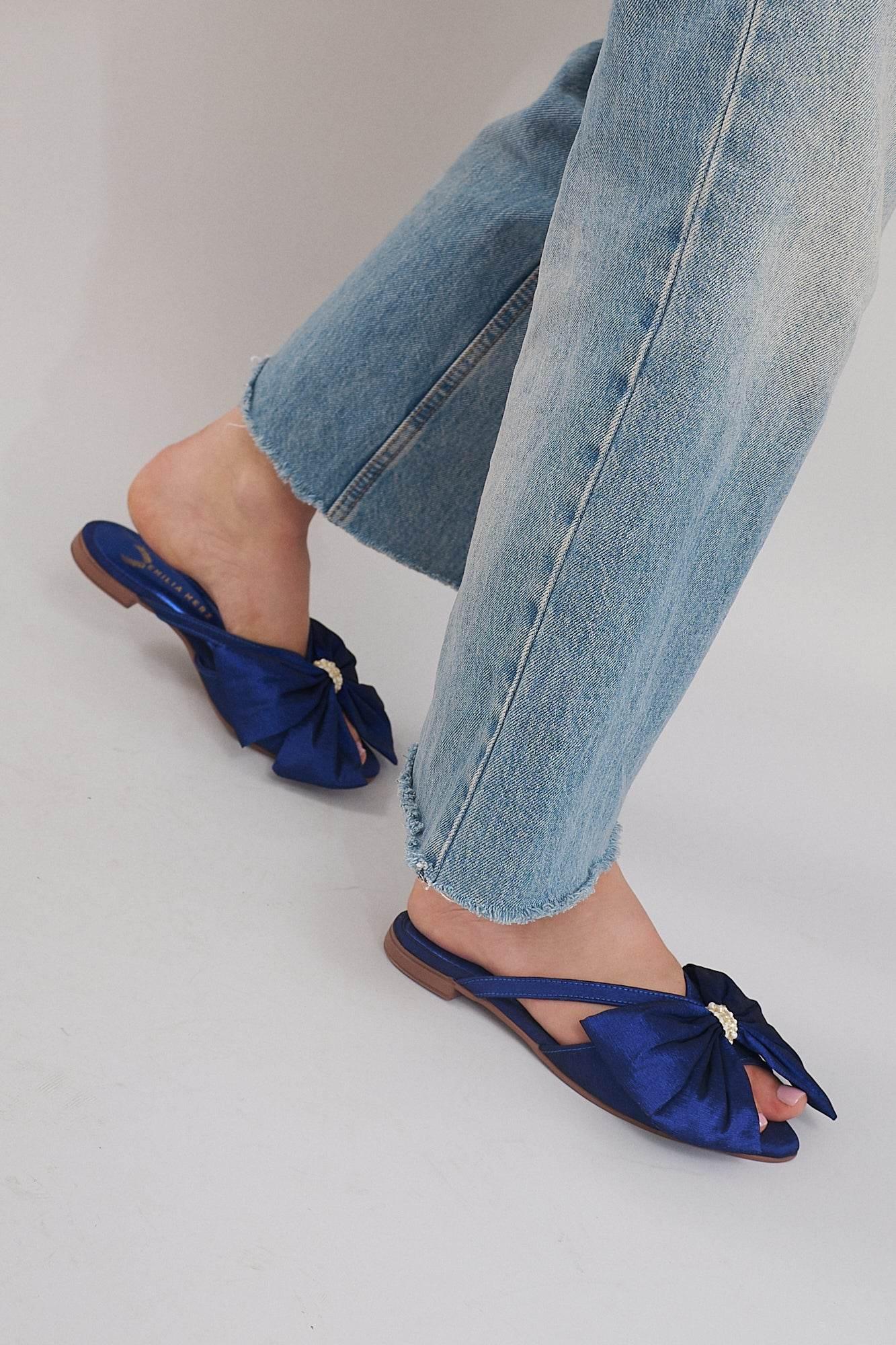 France Flats With Bow - Navy Blue - Emilia Merz