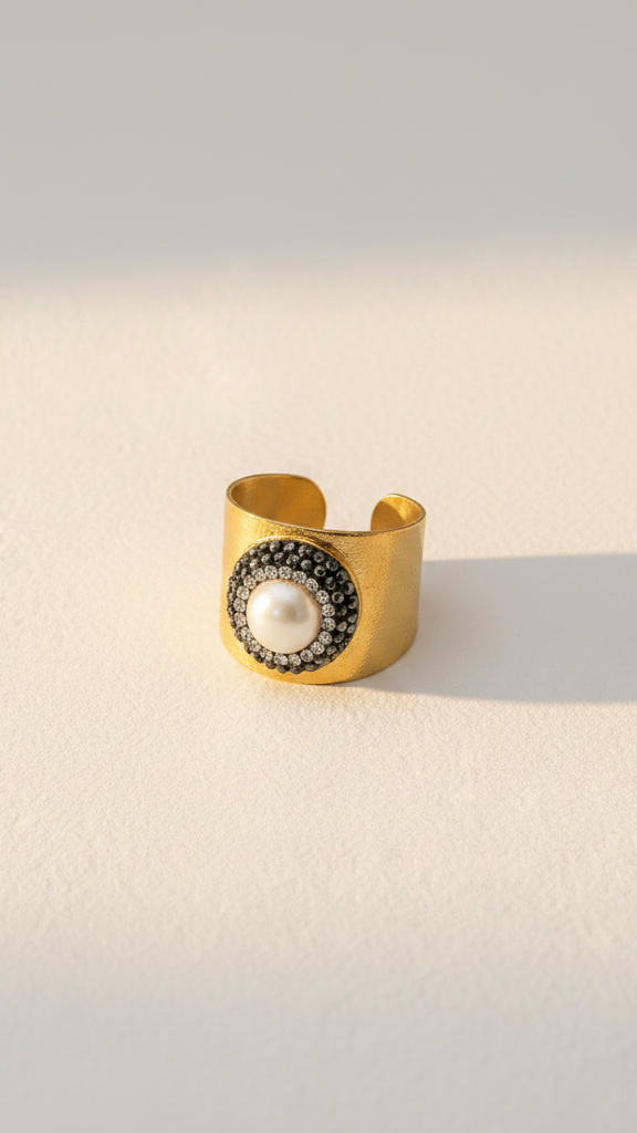 Emilia Merz Midnight Pearl Ring featuring an 18K gold-plated wide band and a central pearl with a dark crystal halo.