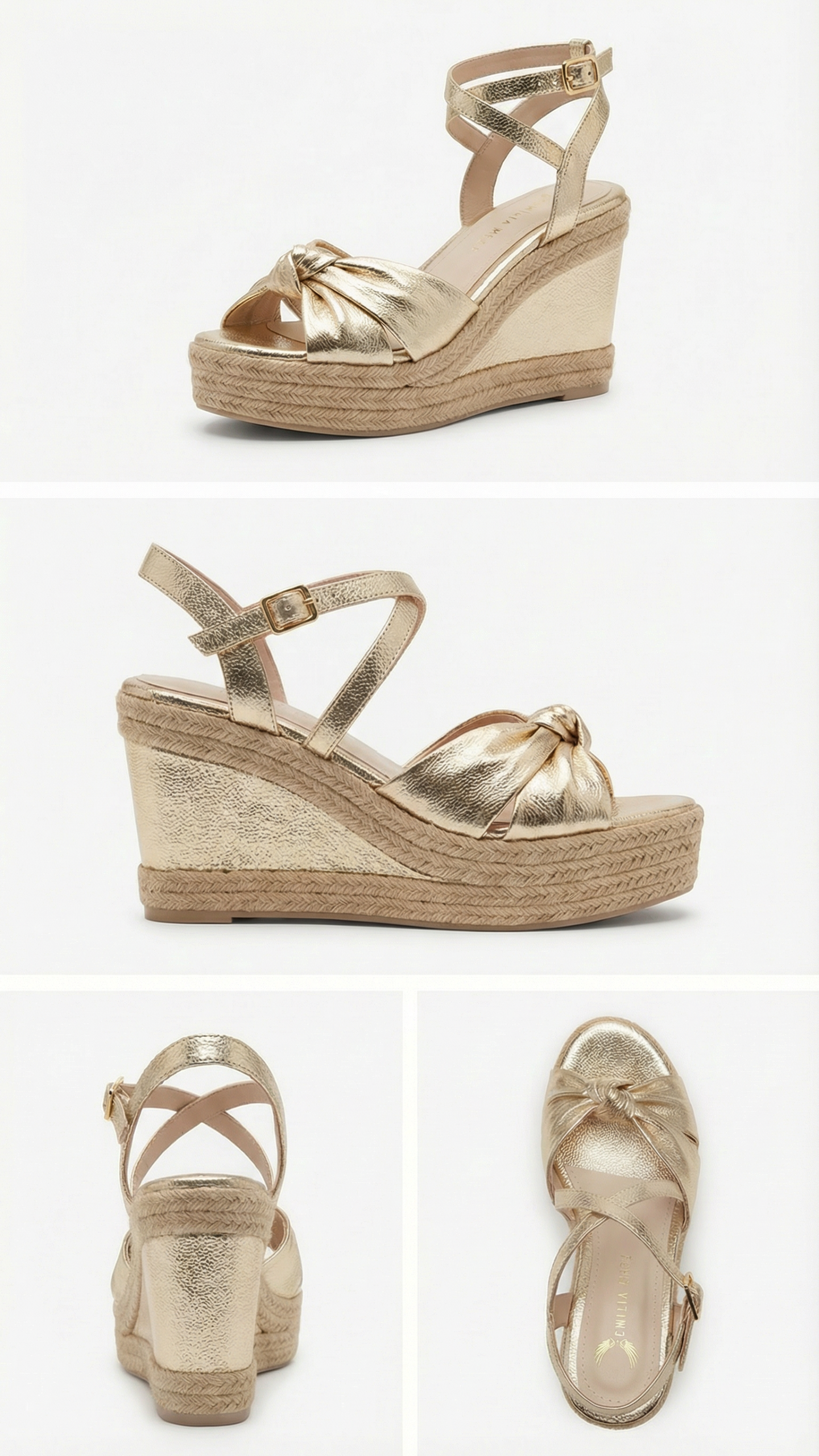 Gold wedge sandals with espadrille sole on a white background