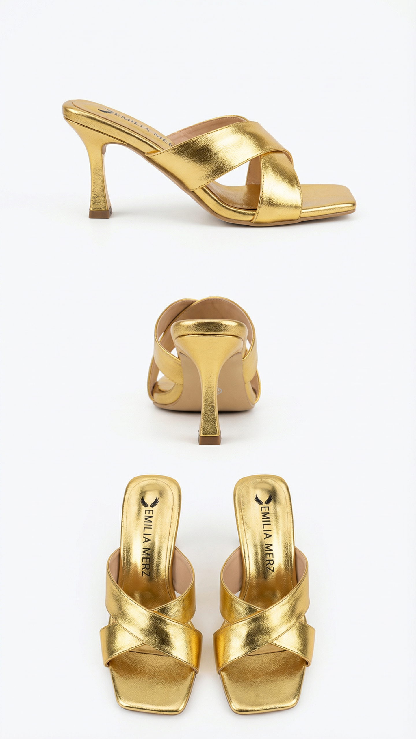 Set of gold high-heeled shoes on a white background