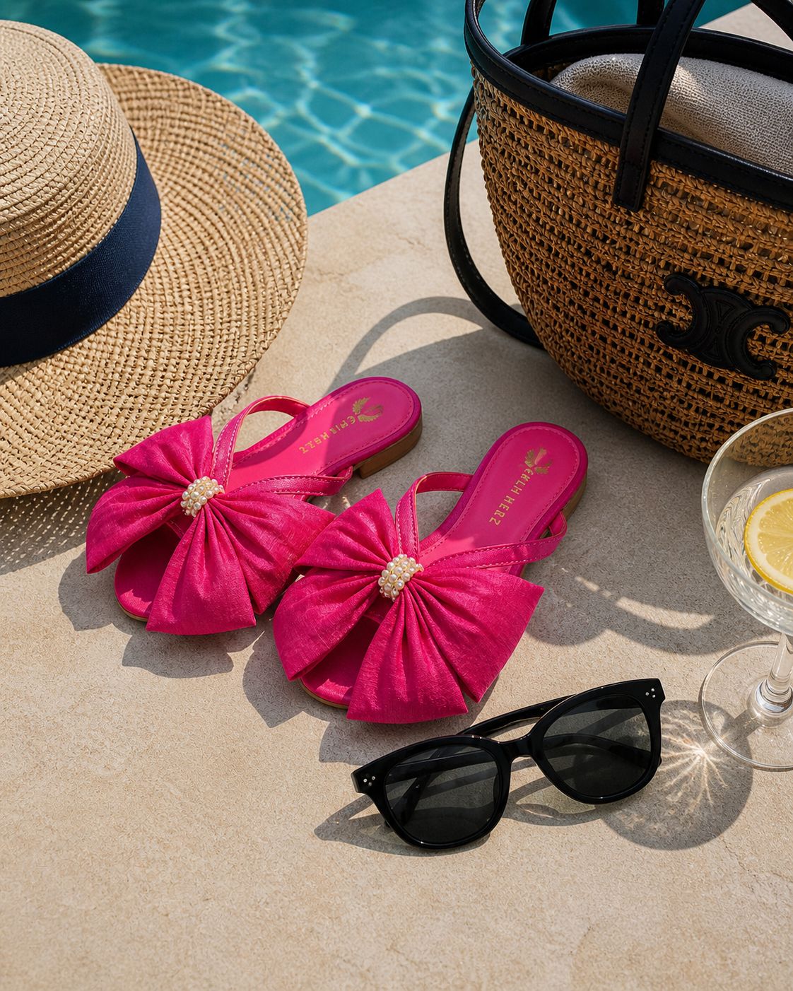Pink Flats at pool with hat, bag and sunglasses
