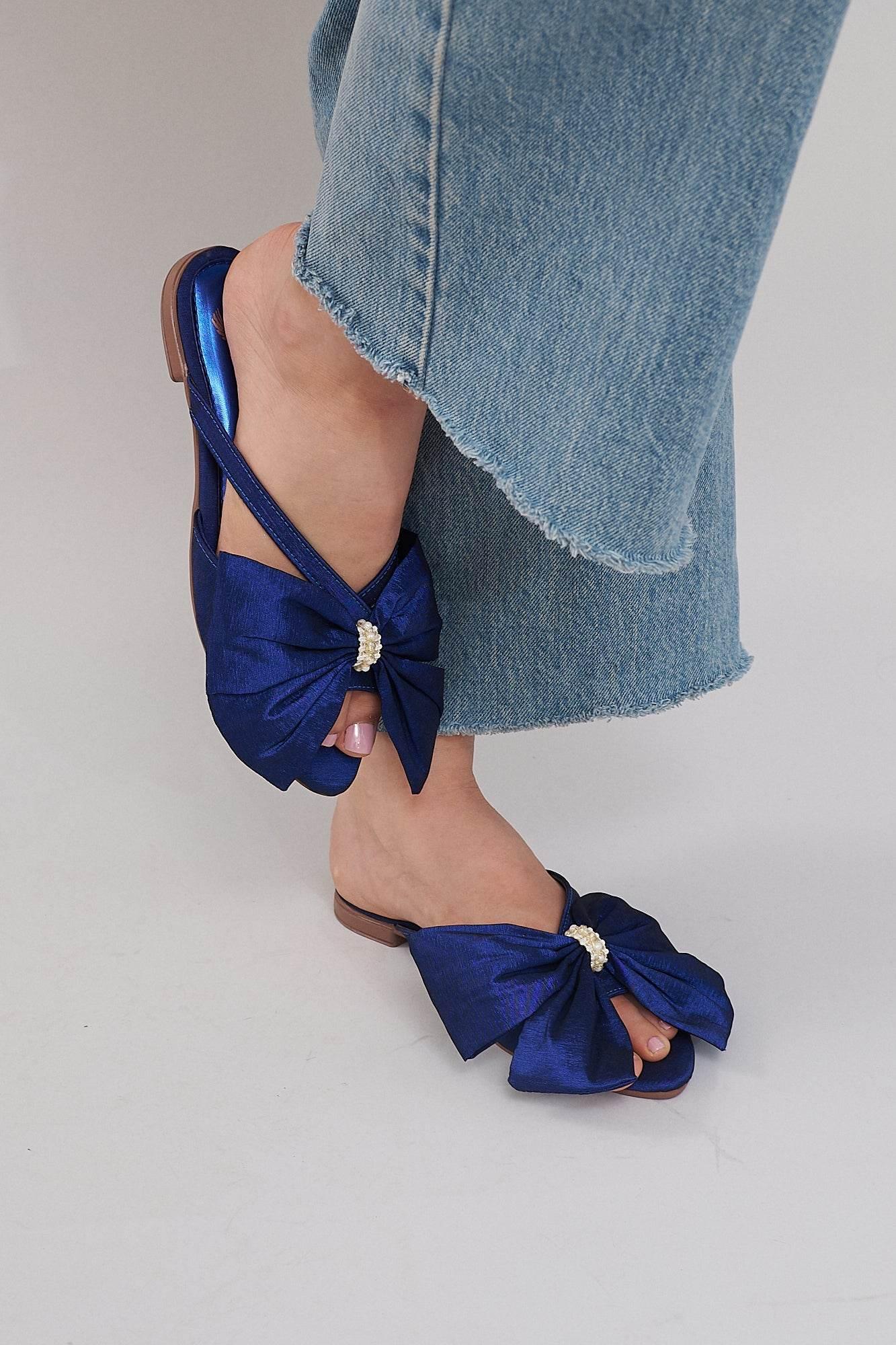 France Flats With Bow - Navy Blue - Emilia Merz