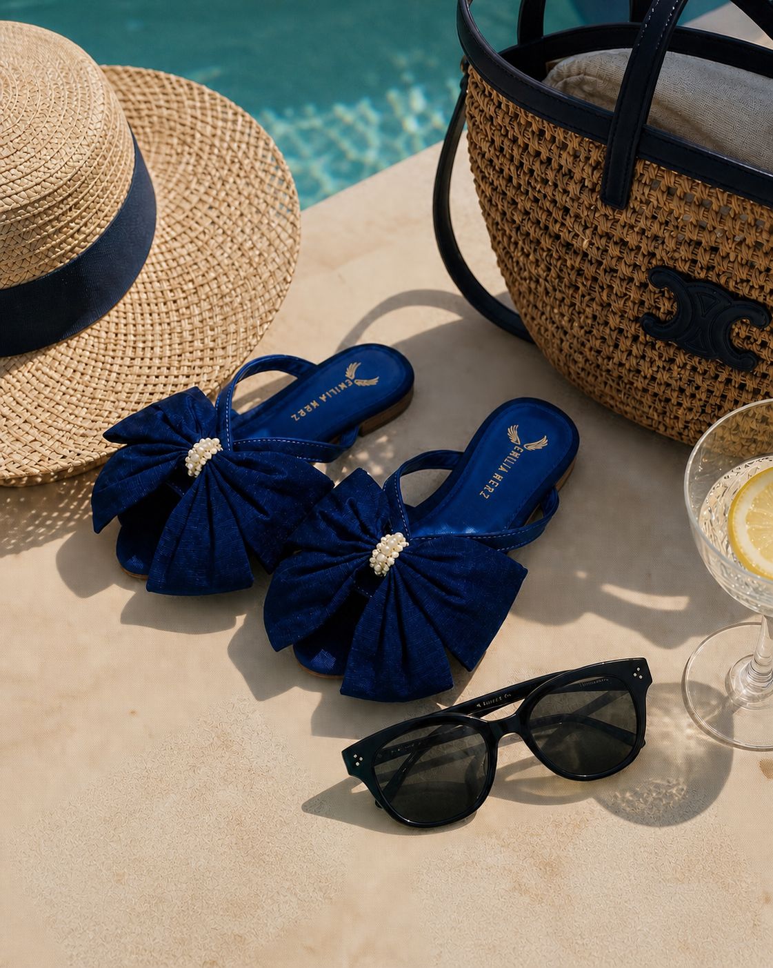 blue satin flats with bow at pool with hat and bag