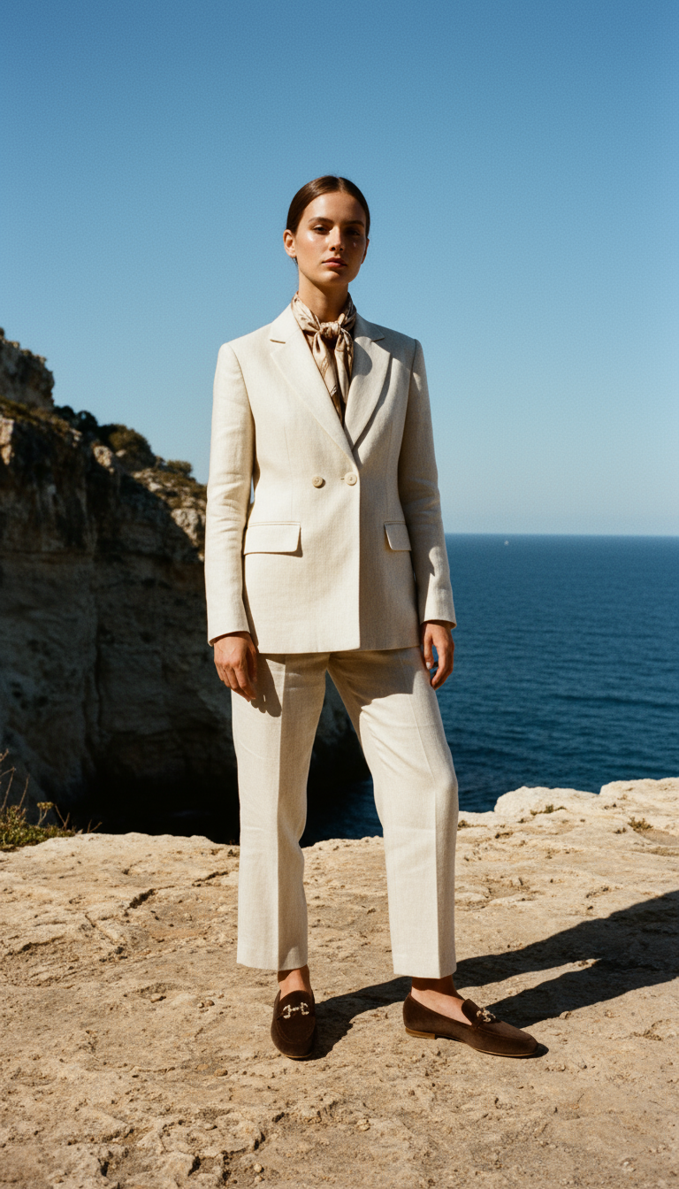 Person wearing a beige suit standing on a rocky cliff with ocean view