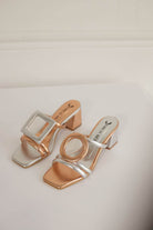 Pair of gold and silver high-heeled rosegold and silver shoes on a light background