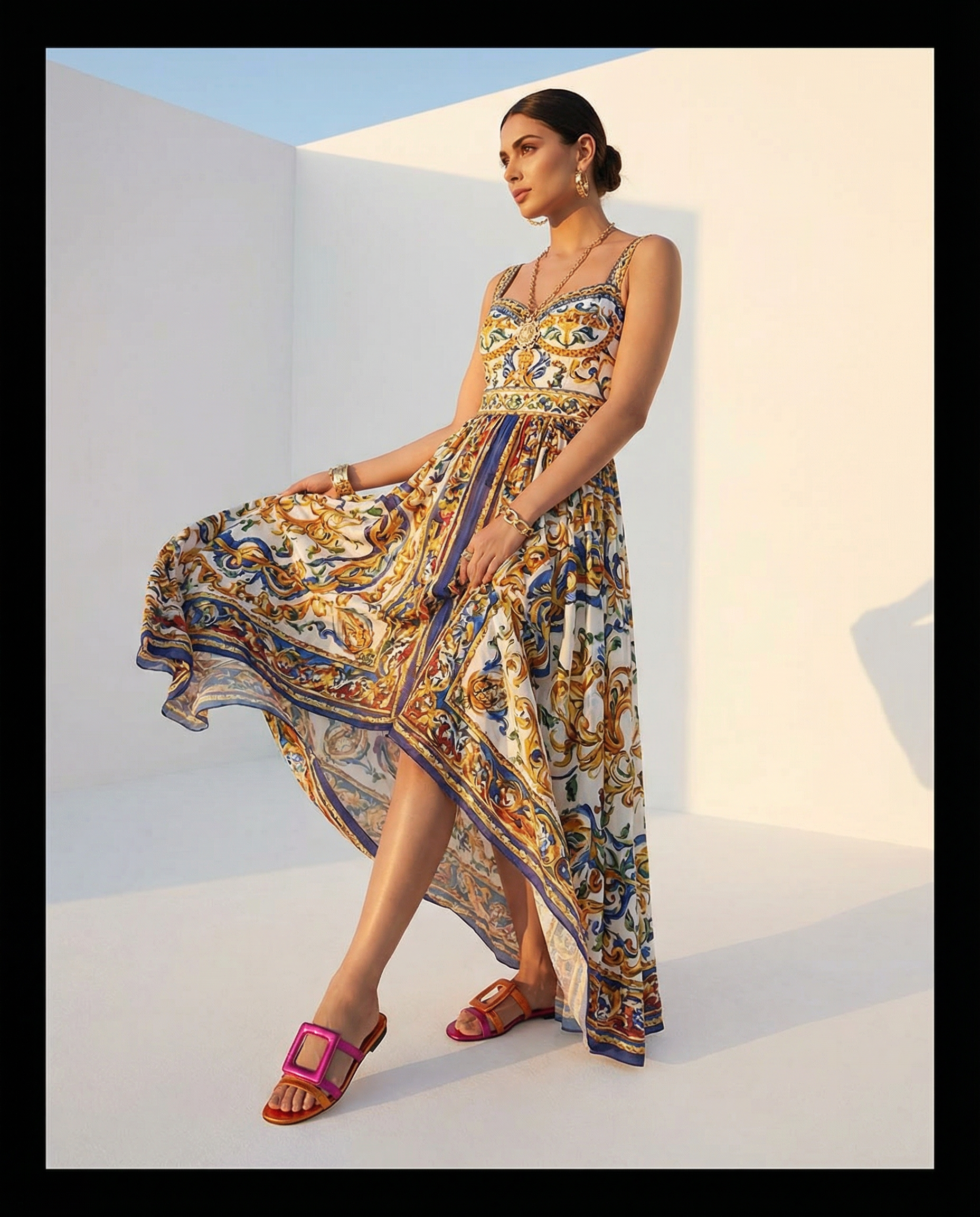 Woman wearing a colorful patterned dress with asymmetrical two-tone sandals in a bright setting