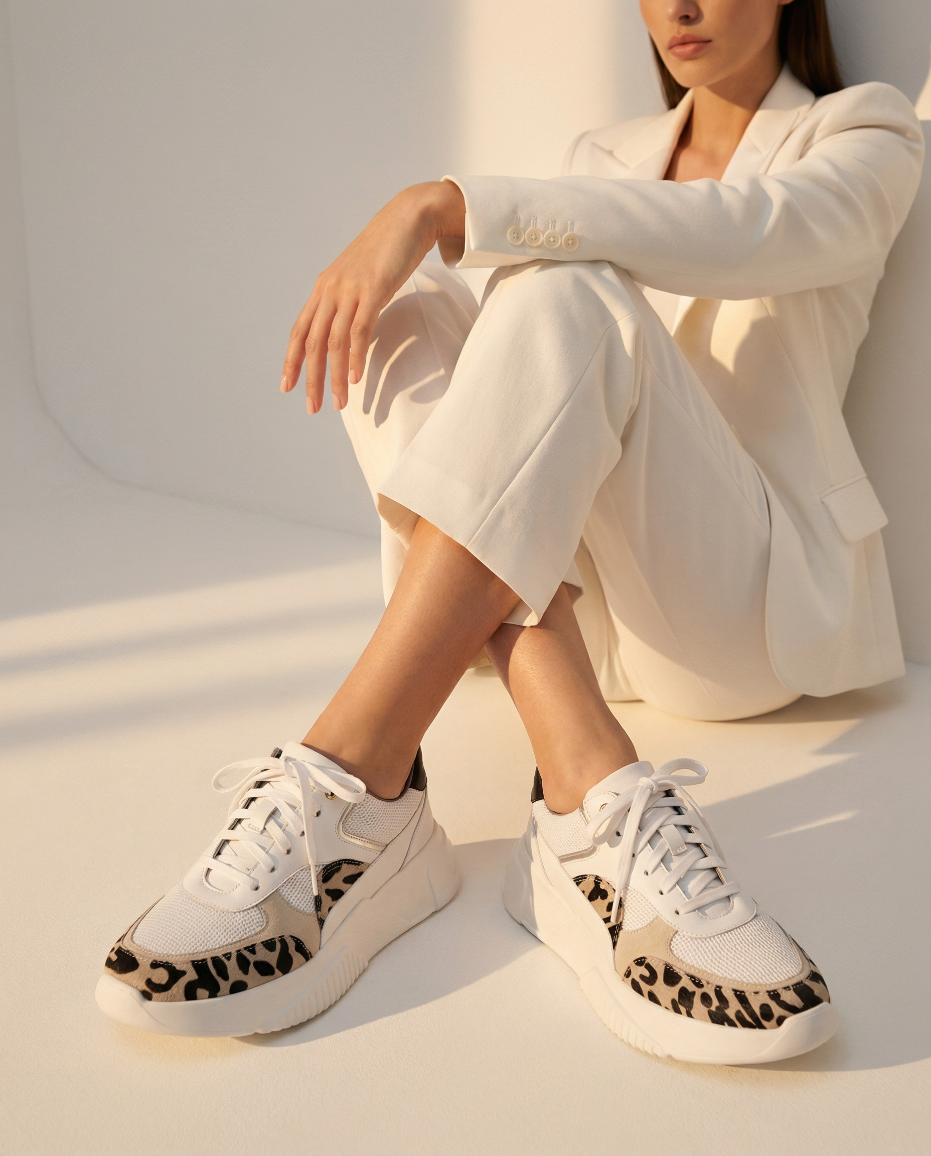 Person wearing white sneakers with leopard print details in a minimalistic setting