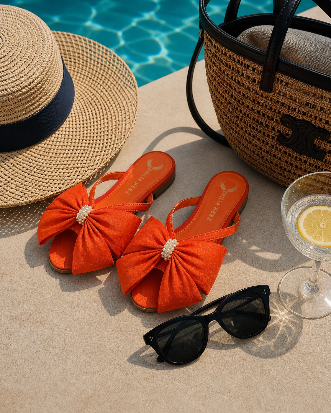organce satin flats with bow at pool