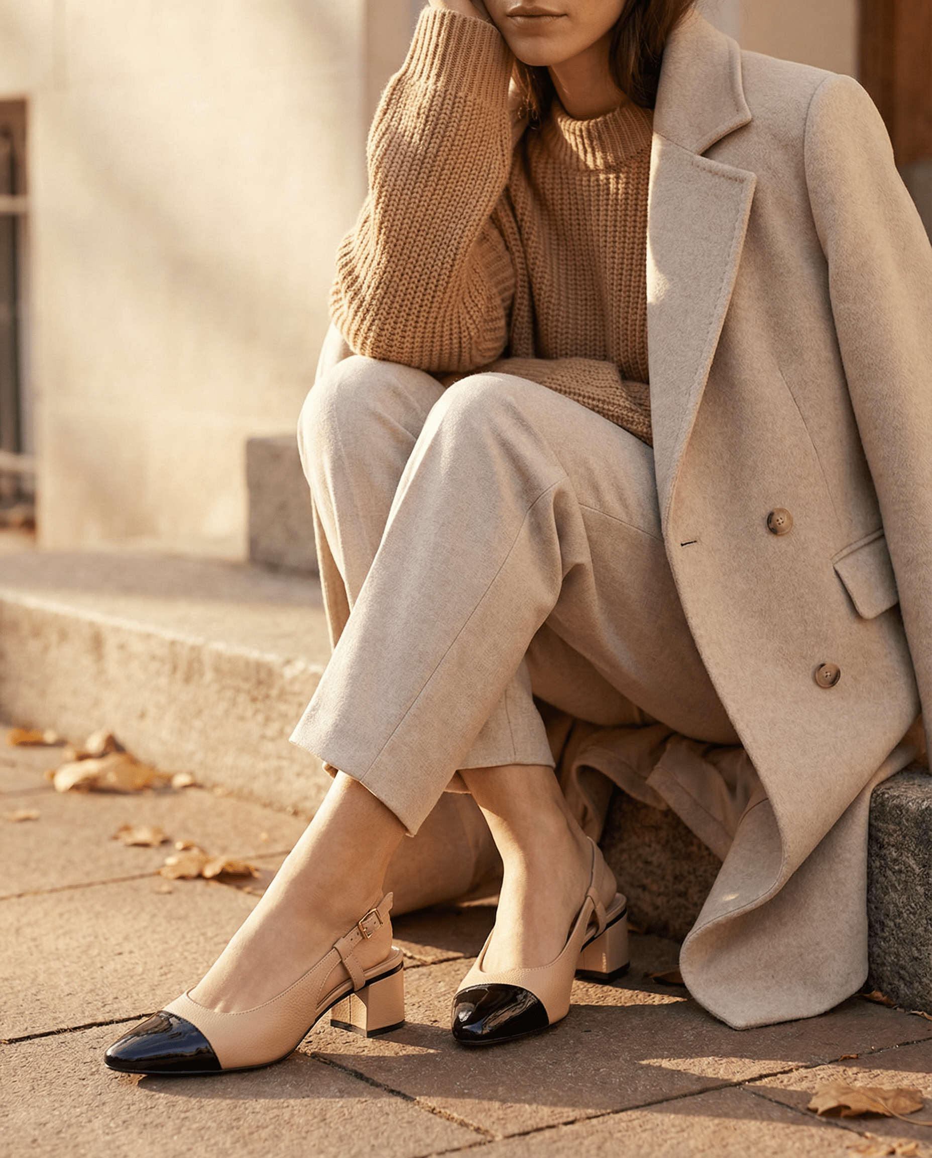 Person wearing a beige coat and pants, sitting on a stone step with a neutral background.