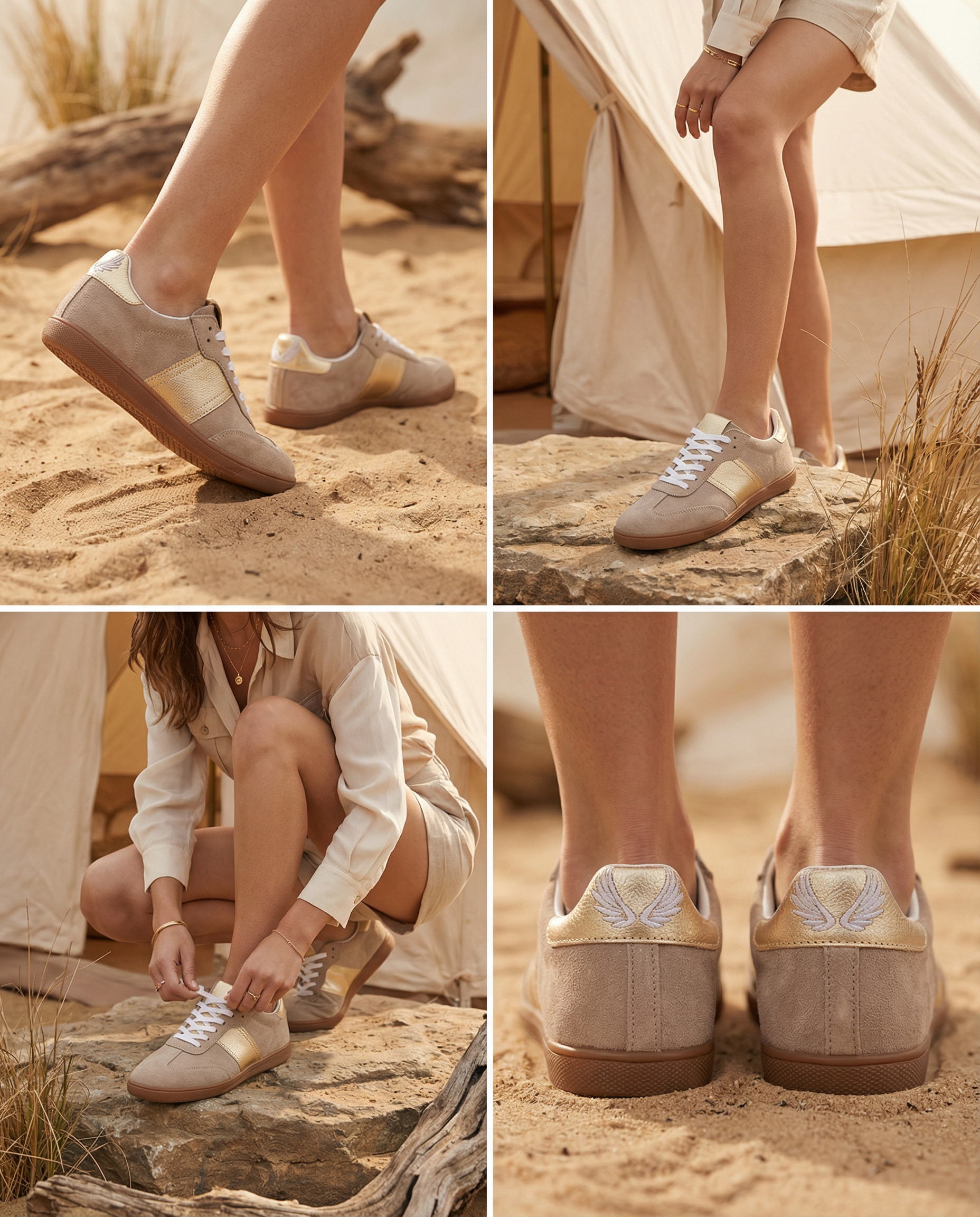 Collage of a person wearing beige sneakers with a brand logo, standing on sand and rocks.