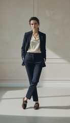 Woman in a navy suit with a white shirt standing against a neutral wall.