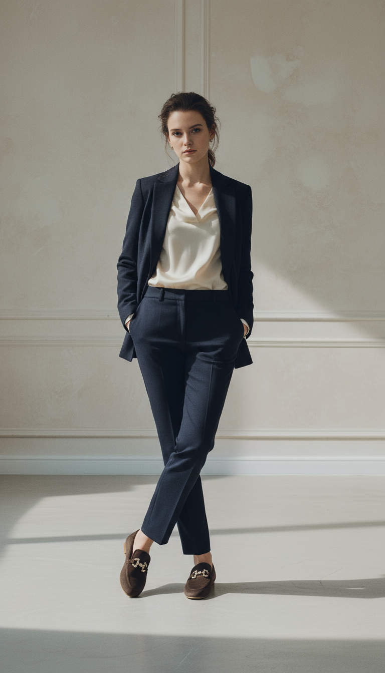 Woman in a navy suit with a white shirt standing against a neutral wall.