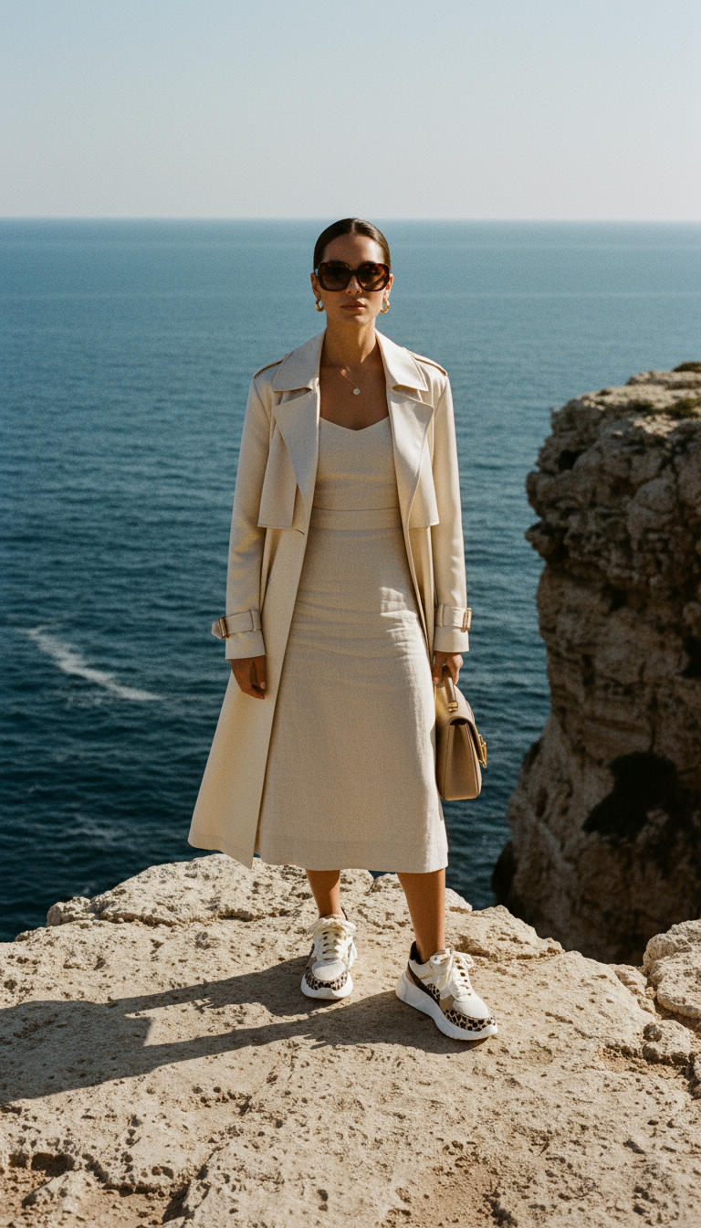 Woman in a beige coat and skirt standing on a rocky cliff overlooking the ocean.