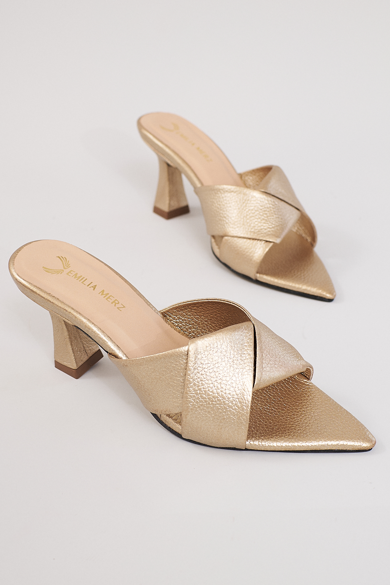 golden heels with open toes from emilia merz