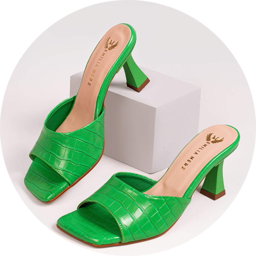 green wide heels with croco pattern from emilia merz